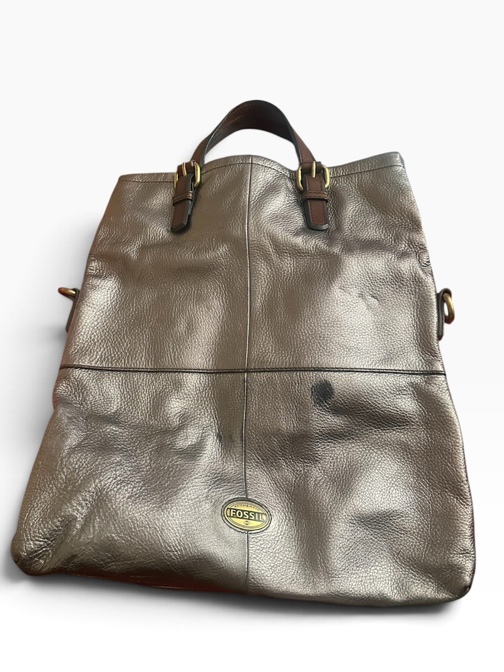 FOSSIL Explorer Tote Metallic Silvery Leather Long Strap